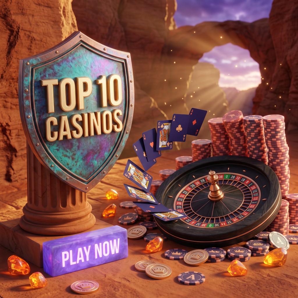 Top 10 casinos — roulette, cards and chips in a desert canyon